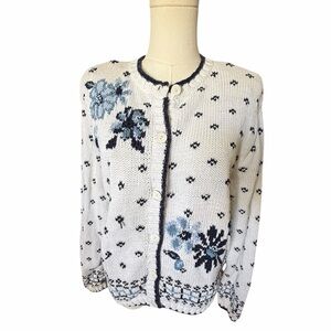 Marsh Landing Cream Floral Knit Cardigan Sweater Classic Crewneck Sz Lrg